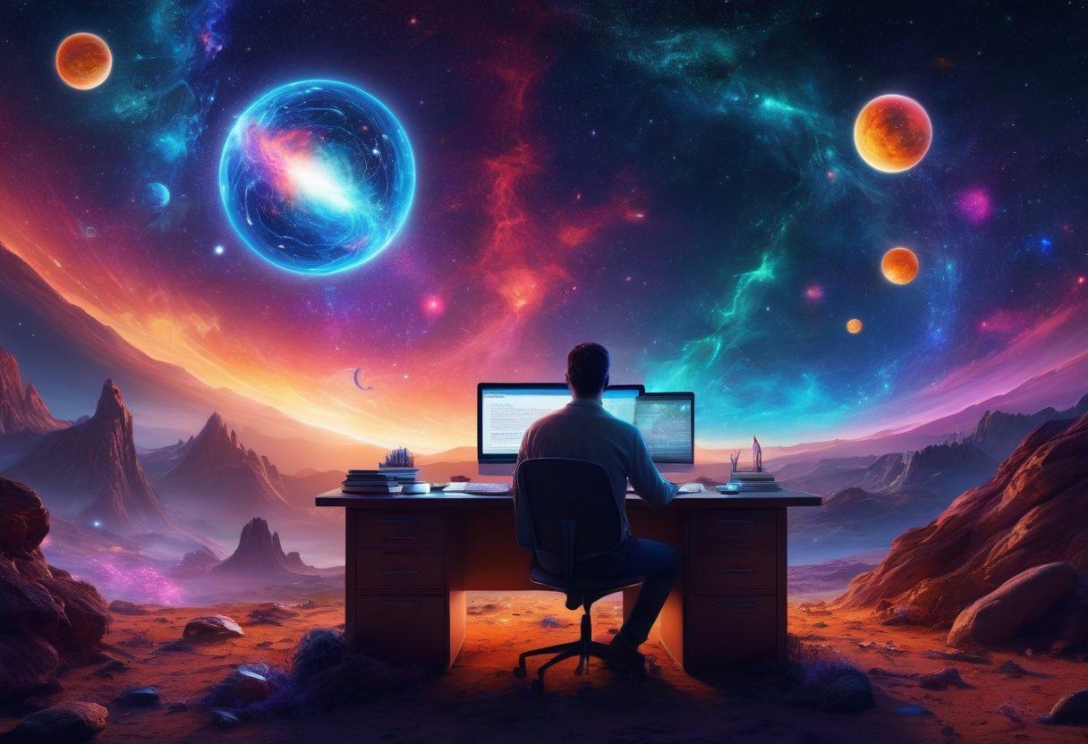 A vibrant digital landscape filled with interconnected blog posts represented as glowing orbs, with a cosmic background symbolizing the vastness of the blogosphere. Featured prominently is a thoughtful figure (a writer) seated at a cosmic desk, surrounded by swirling ideas and notes, with a glowing pen in hand. The scene should convey creativity, engagement, and insight, with bright colors to entice the viewer. hyper-realistic. vibrant colors. cosmic theme.