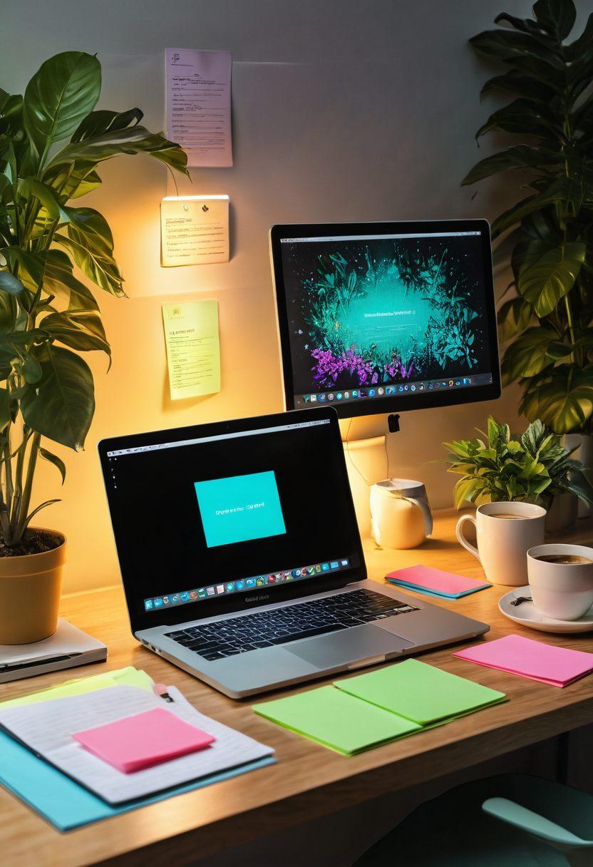 A futuristic workspace featuring a glowing laptop with a digital diary interface, scattered vibrant post-it notes, and an open coffee cup. In the background, a lush green plant symbolizes growth and inspiration. The scene radiates an energetic yet relaxed vibe, illustrating the transition from journaling to a full-fledged lifestyle blog. super-realistic. vibrant colors. cozy atmosphere.