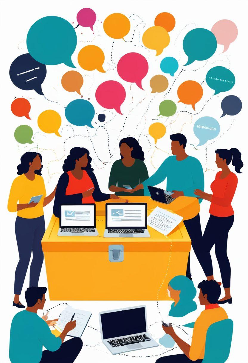 A vibrant illustration of a diverse group of bloggers engaged in a lively discussion, surrounded by floating speech bubbles filled with tips and ideas. In the background, an open treasure chest symbolizing 'unlocking' knowledge and potential, with light shining out. Include various blogging tools like laptops, cameras, and notes scattered around. The atmosphere is energetic and inspiring. super-realistic. vibrant colors. white background.